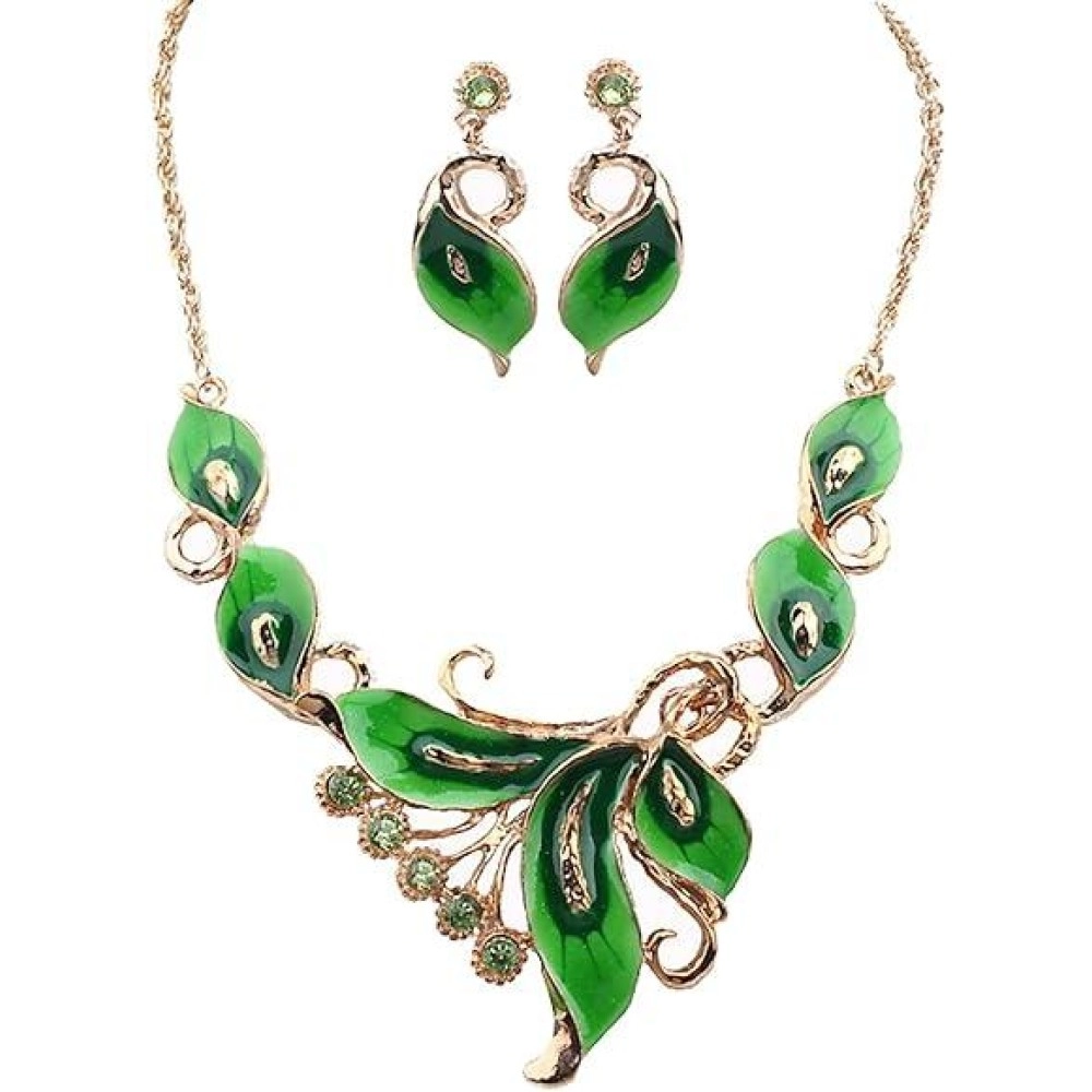 Gold-tone necklace with green enamel calla lily petals and matching leaf-shaped earrings