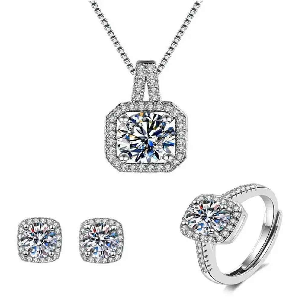 Silver-tone cushion-halo pendant with matching square stud earrings and an adjustable ring