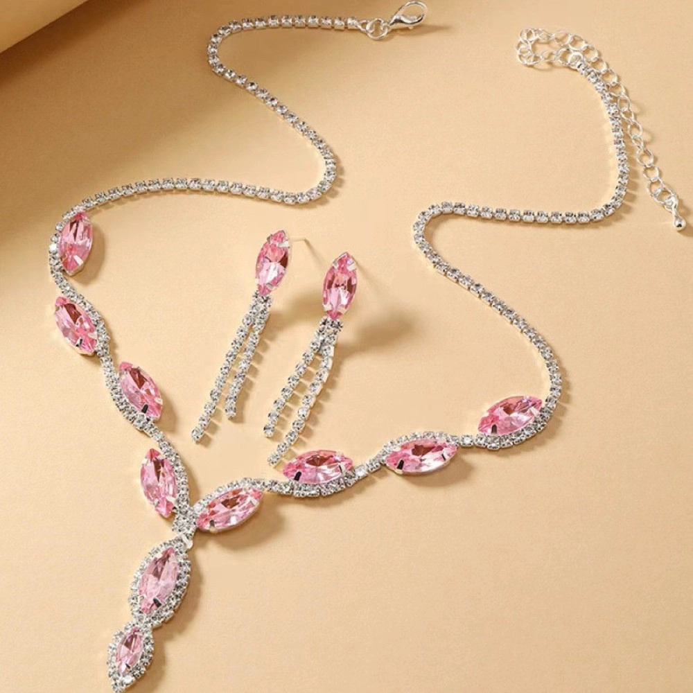 Pink crystal necklace with adjustable extension chain and matching tassel earrings