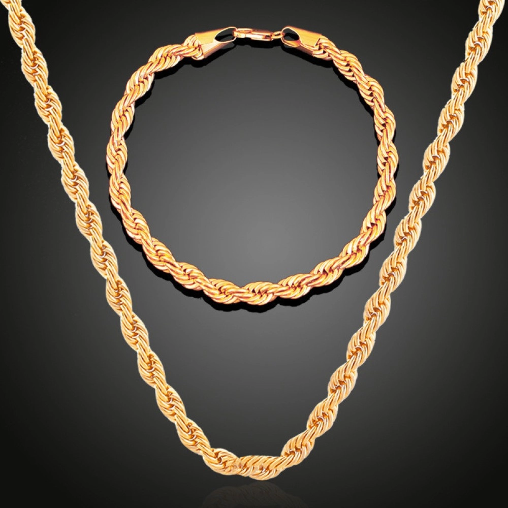 Gold-tone twisted rope chain necklace with a matching rope bracelet