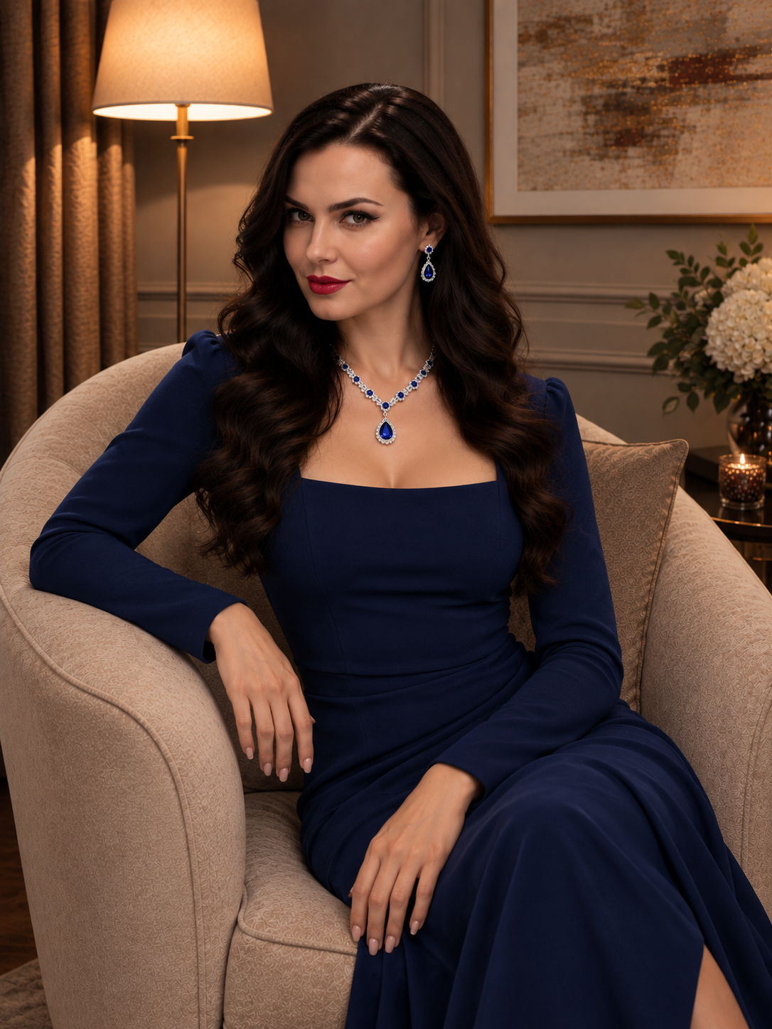 Woman in a navy evening dress wearing a sapphire-blue pendant necklace and matching drop earrings